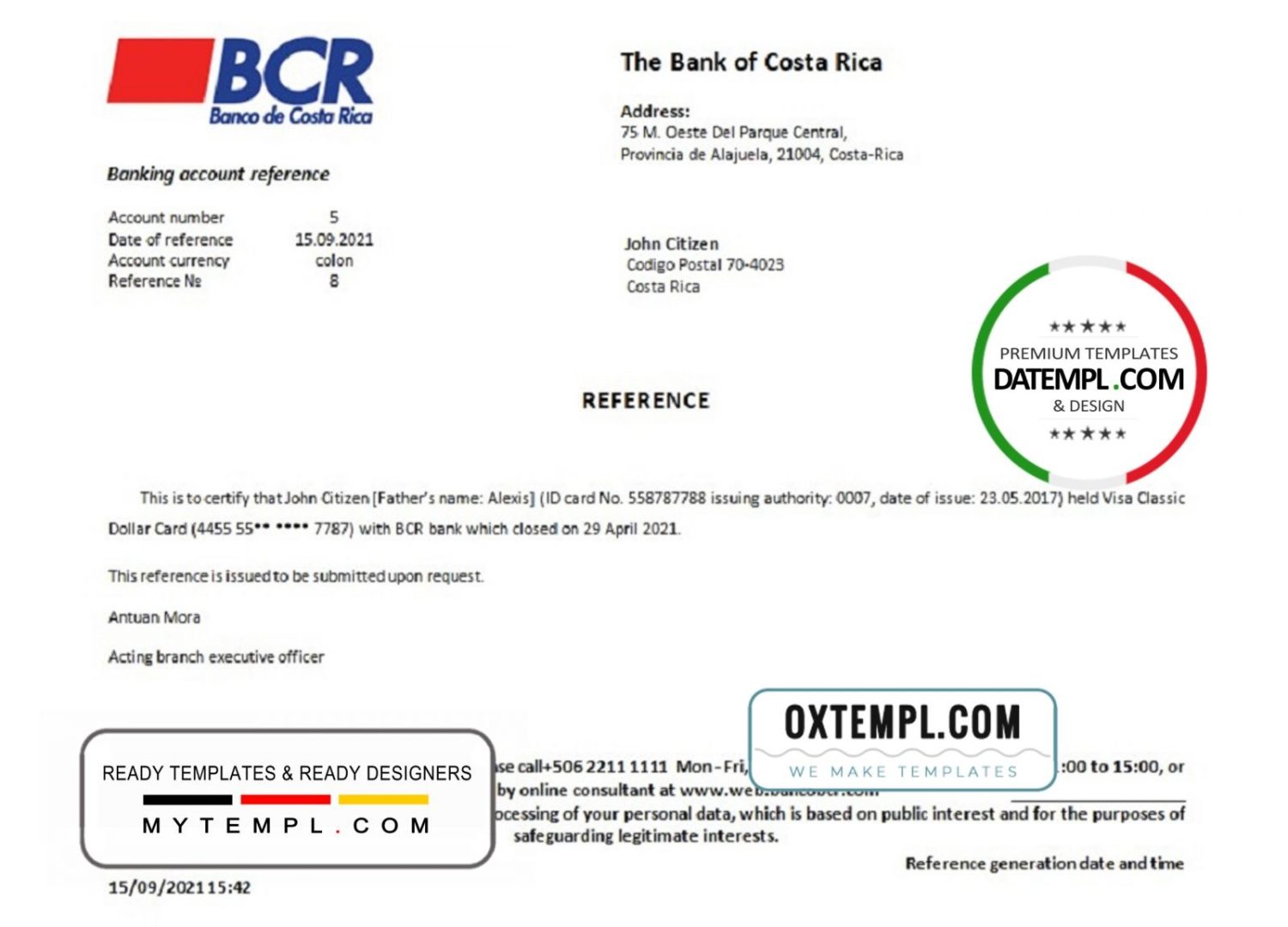 Costa Rican The Bank of Costa Rican bank account closure reference letter example in Word and PDF format