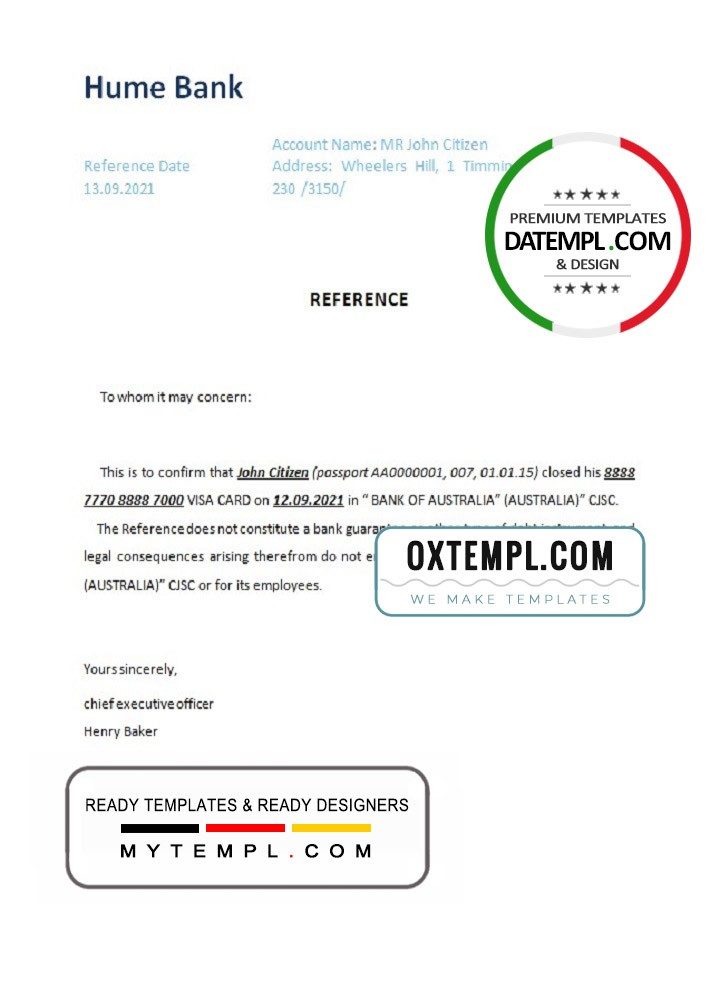 Australian Hume bank account closure reference letter example in Word and PDF format