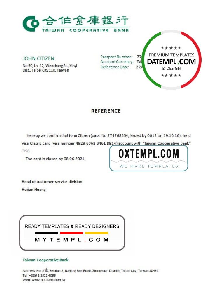 Taiwan Cooperative Bank account closure reference letter example in Word and PDF format