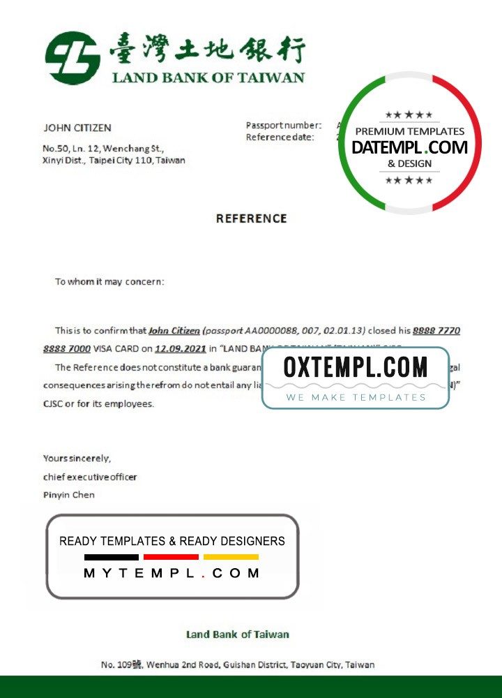 Taiwan Land Bank of Taiwan account closure reference letter example in Word and PDF format