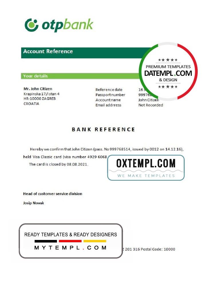 Croatian OTP bank account closure reference letter example in Word and PDF format