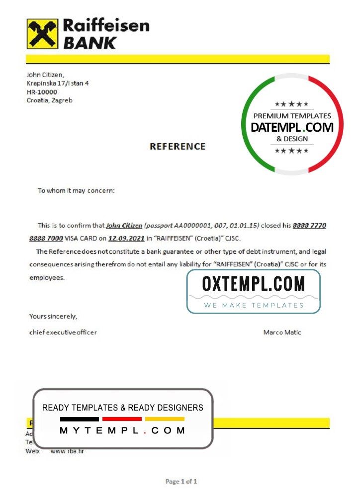 Croatian Raiffeisen Bank account closure reference letter example in Word and PDF format