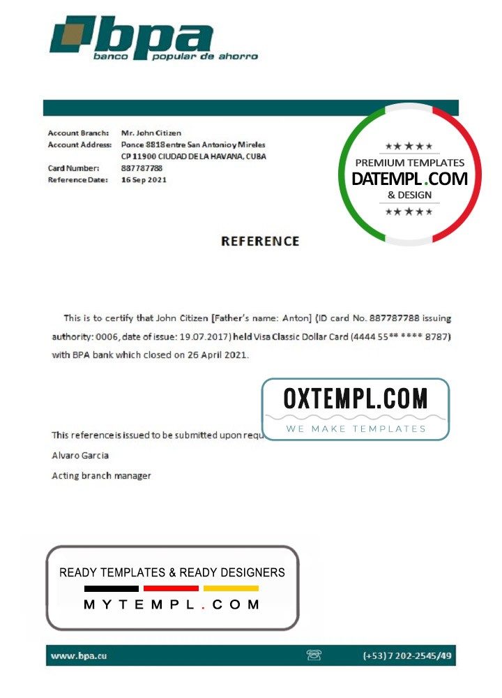 Cuban Banco Popular de Ahorro (BPA) bank account closure reference letter example in Word and PDF format