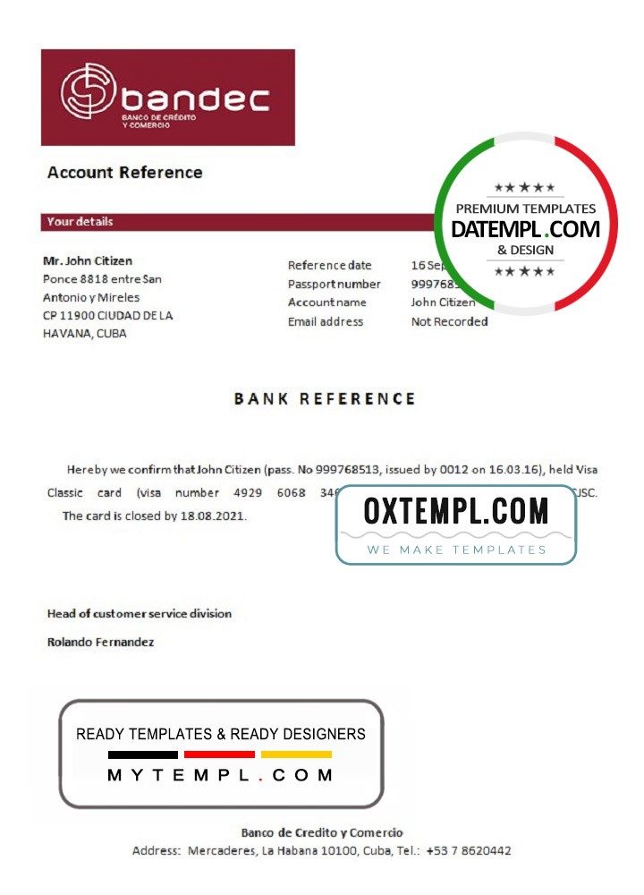 Cuban Bandec Banco de Credito y Comercio bank account closure reference letter example in Word and PDF format