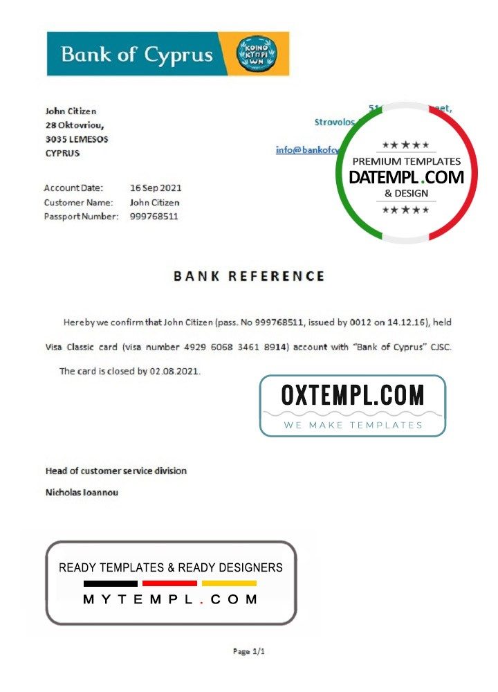 Cypriot Bank of Cypriot bank account closure reference letter example in Word and PDF format