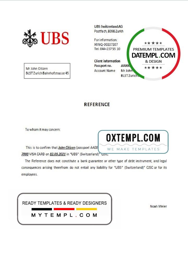 Swiss UBS bank account closure reference letter example in Word and PDF format