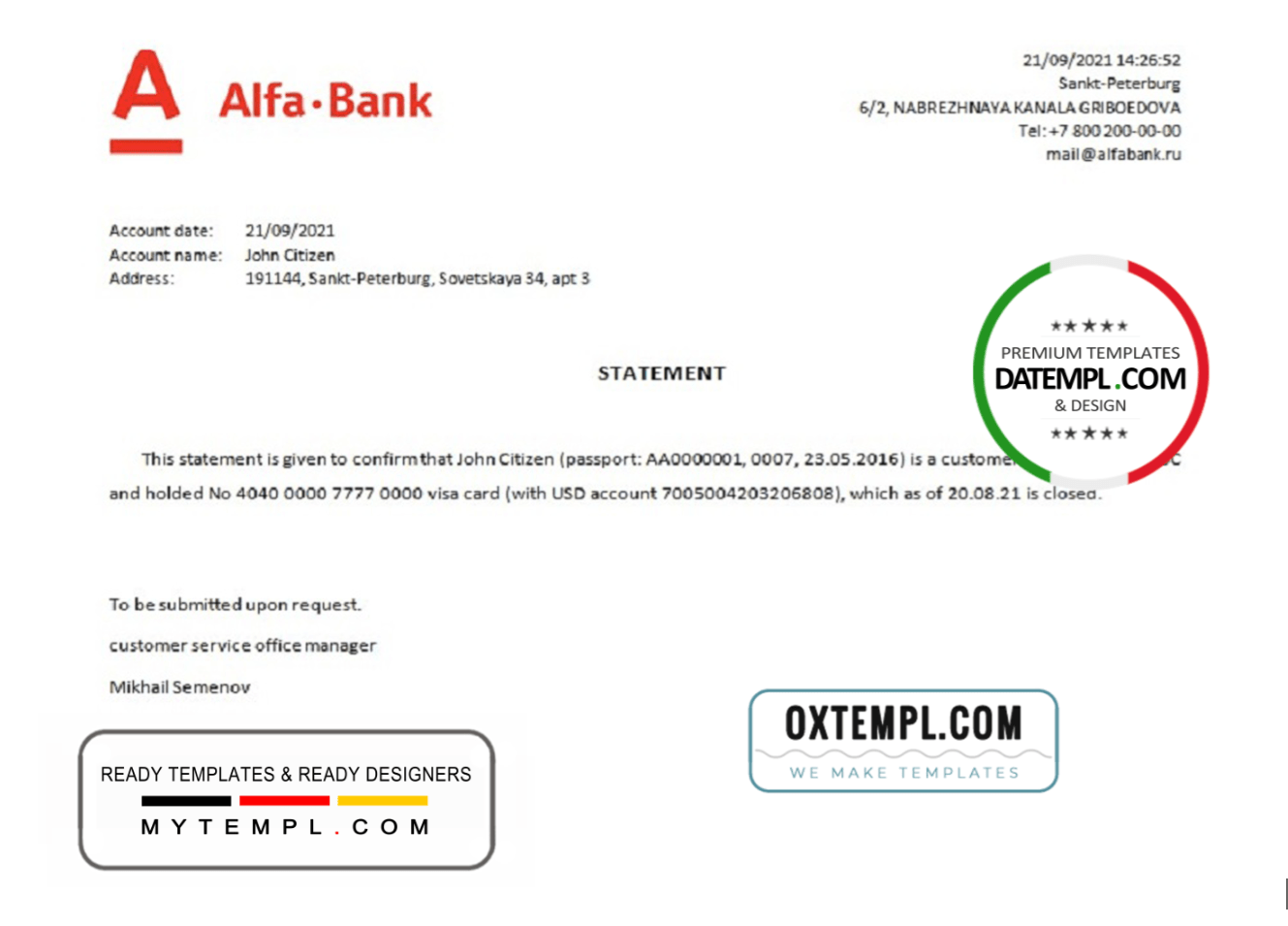 Russian Alfa Bank bank account closure reference letter example in Word and PDF format