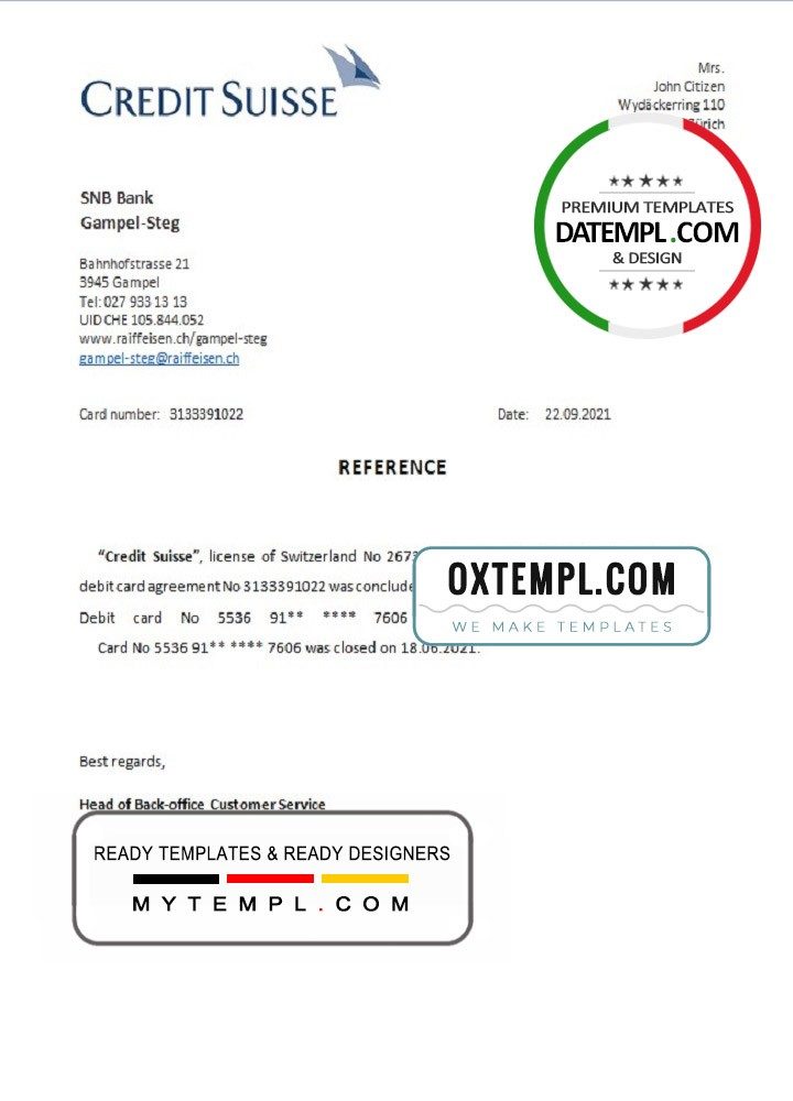 Swiss Credit Suisse bank account closure reference letter example in Word and PDF format