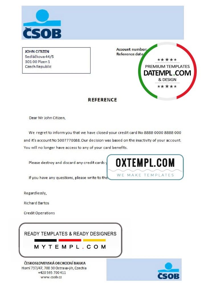 Czech Československá Obchodní Banka account closure reference letter example in Word and PDF format
