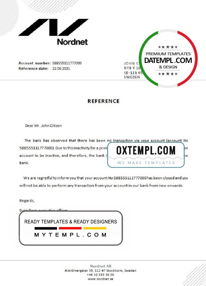 Swedish Nordnet bank account closure reference letter example in Word and PDF format