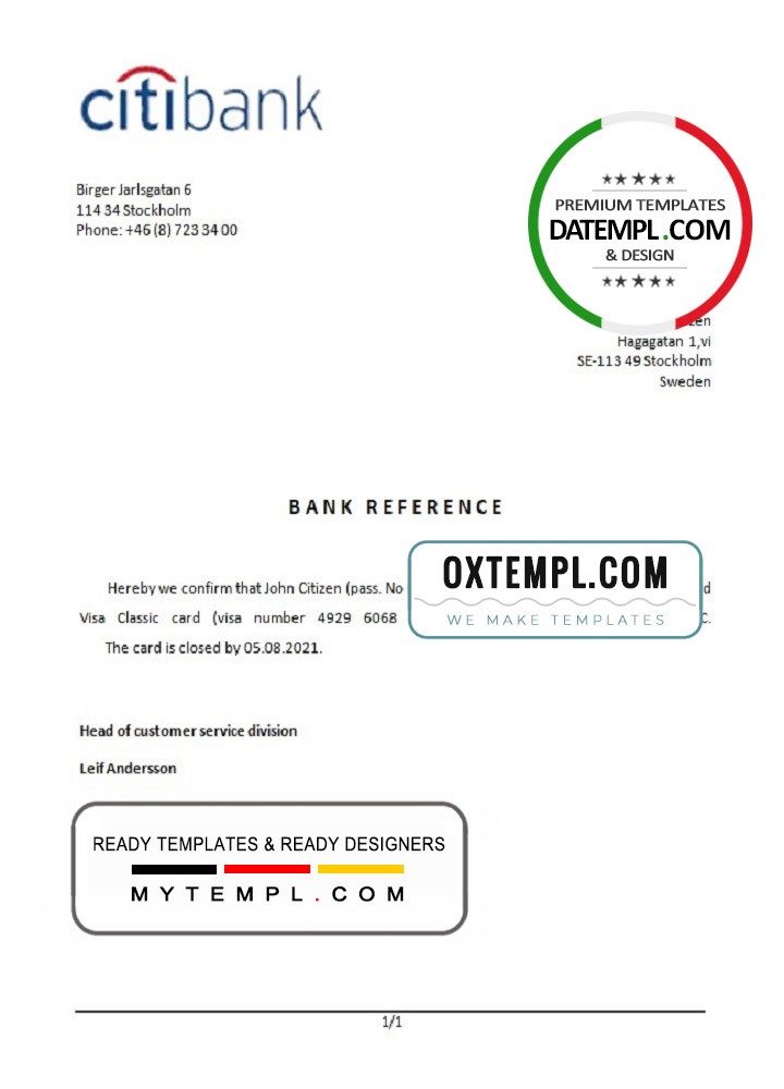 Swedish Citibank bank account closure reference letter example in Word and PDF format