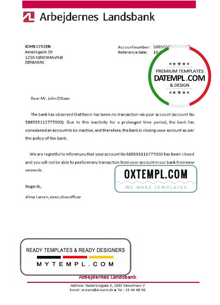 Danish Arbejdernes Landsbank bank account closure reference letter example in Word and PDF format
