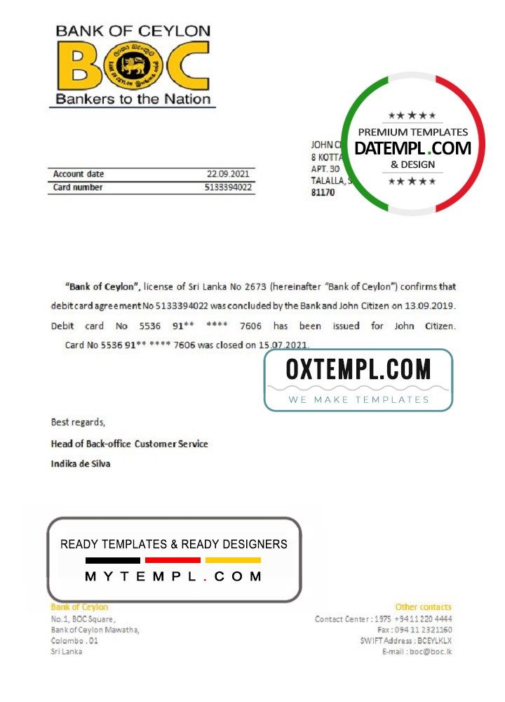 Sri Lanka BOC bank account closure reference letter example in Word and PDF format