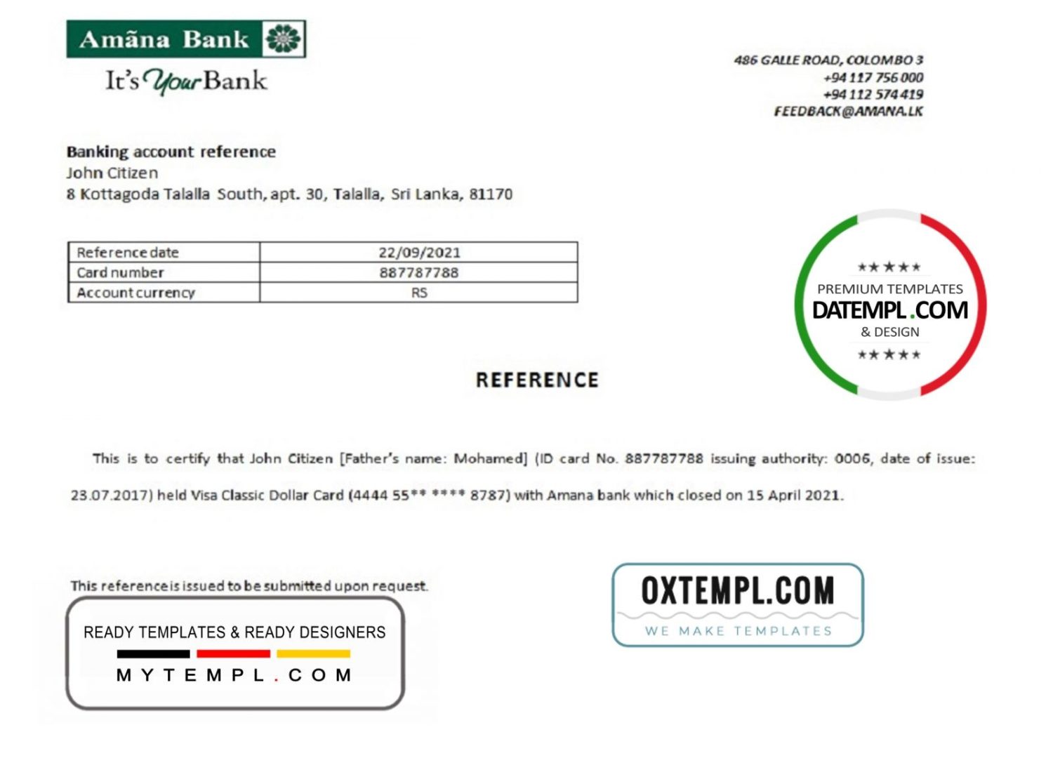 Sri Lanka Amana Bank bank account closure reference letter example in Word and PDF format