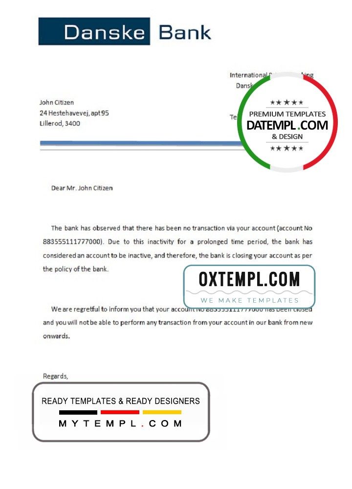 Danish Danskebank bank account closure reference letter example in Word and PDF format