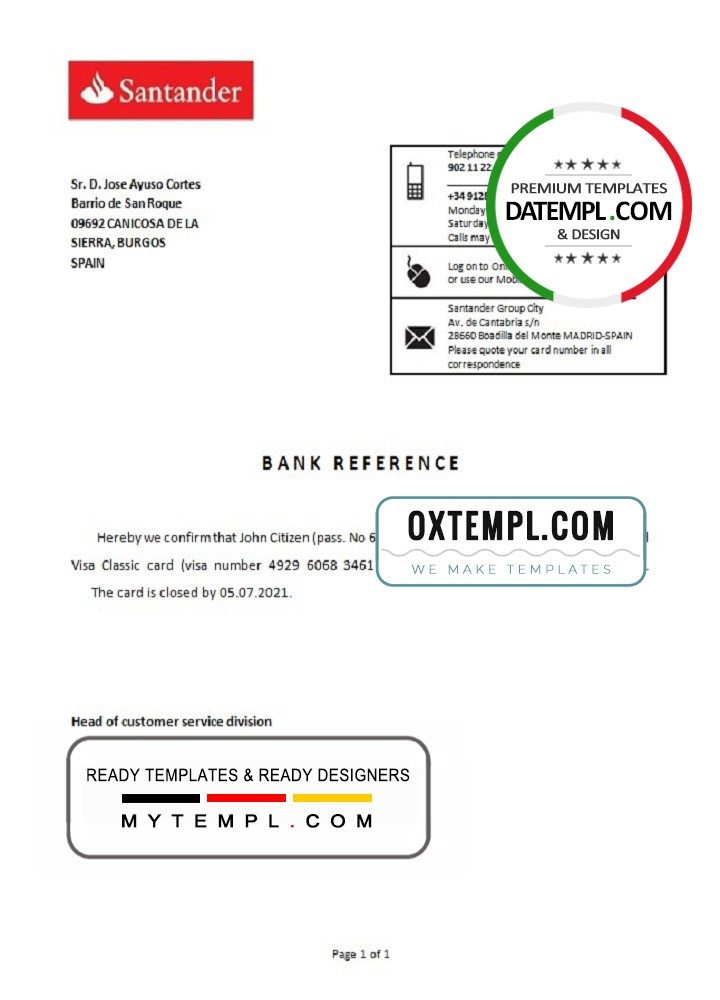 Spanish Santander bank account closure reference letter example in Word and PDF format