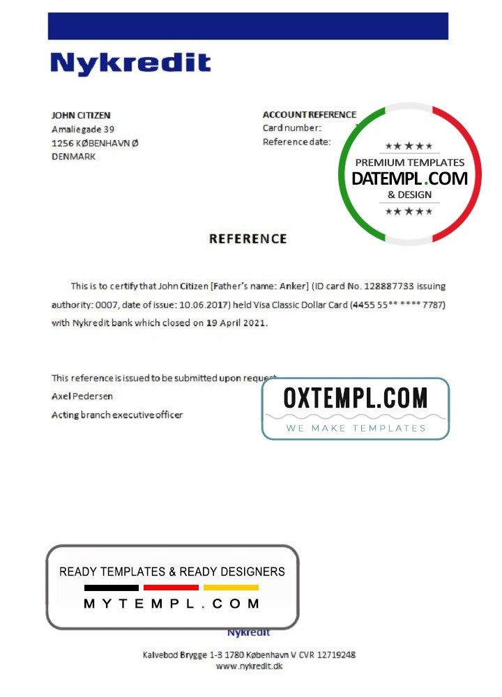Danish Nykredit bank account closure reference letter example in Word and PDF format