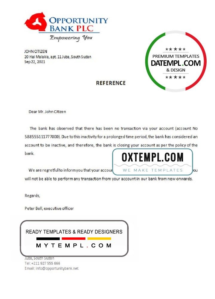 South Sudaneses Opportunity Bank bank account closure reference letter example in Word and PDF format