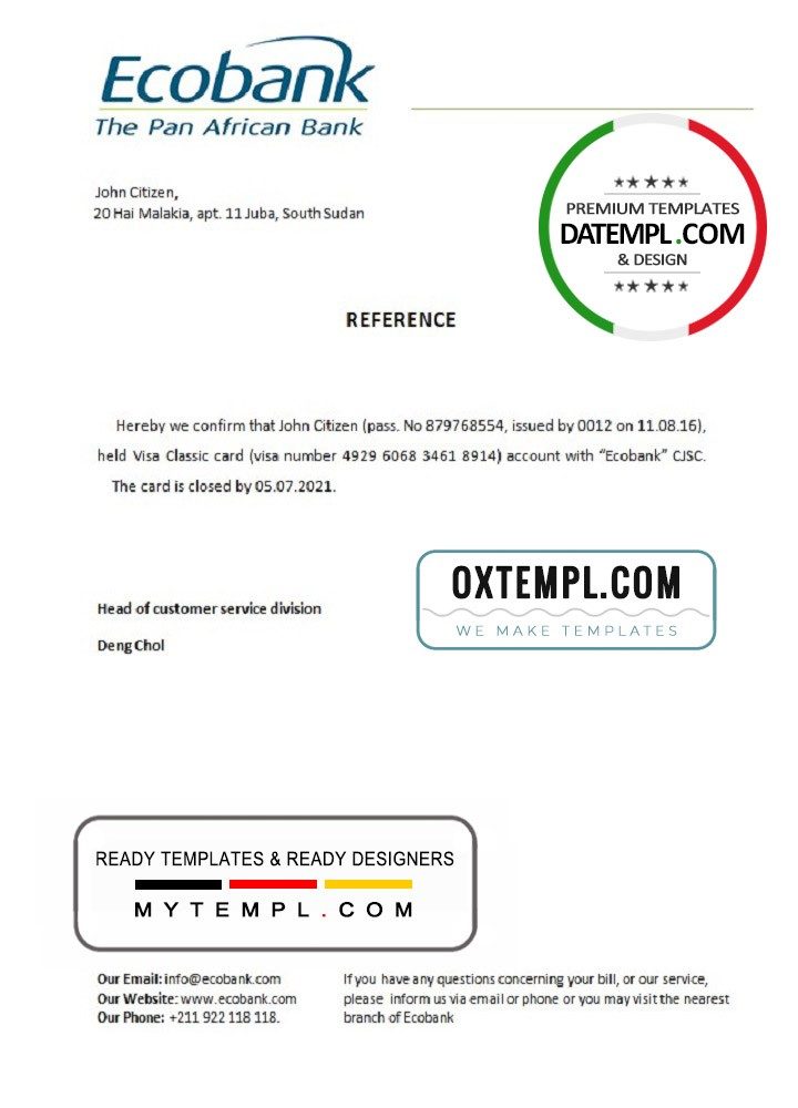 South Sudaneses Ecobank bank account closure reference letter example in Word and PDF format