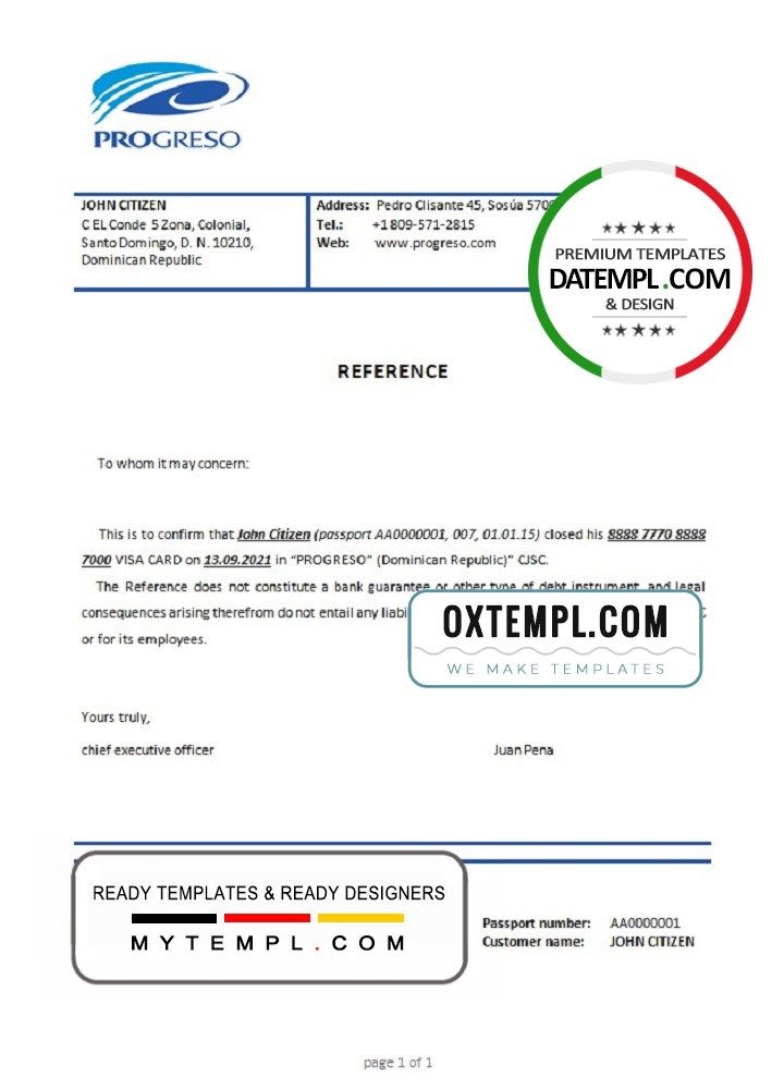Dominicann Republic Banco Progreso bank account closure reference letter example in Word and PDF format