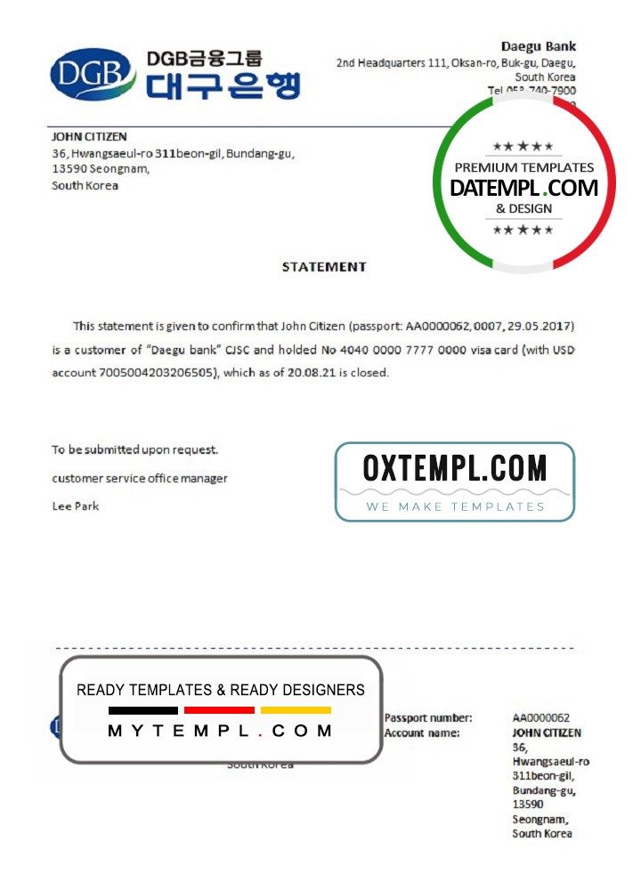 South Korean DGB Bank bank account closure reference letter example in Word and PDF format