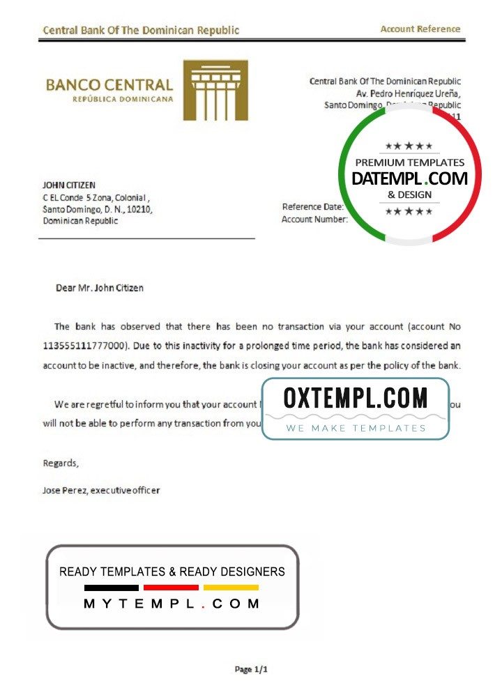 Dominican Central Bank Of The Dominicann Republic bank account closure reference letter example in Word and PDF format