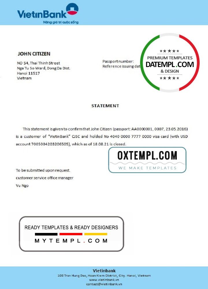 Vietnam Vietinbank bank account closure reference letter example in Word and PDF format