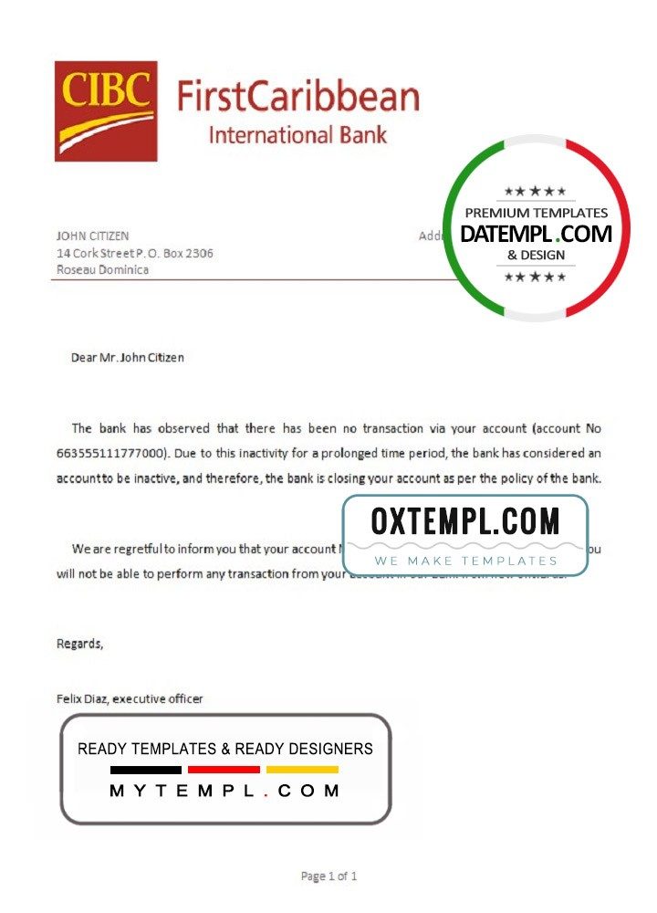 Dominican CIBC First Caribbean International bank account closure reference letter example in Word and PDF format