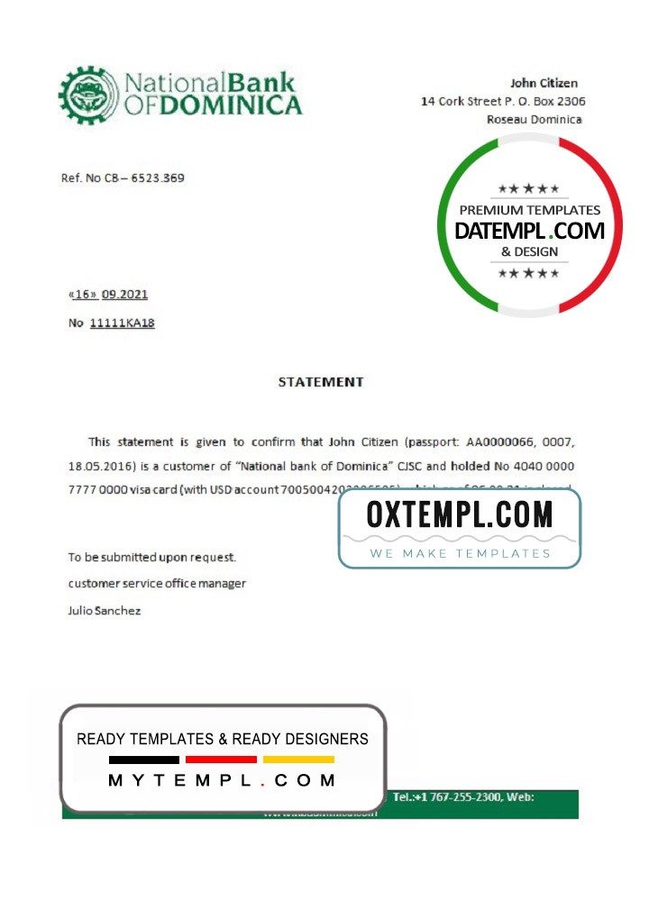 Dominican National Bank of Dominican bank account closure reference letter example in Word and PDF format