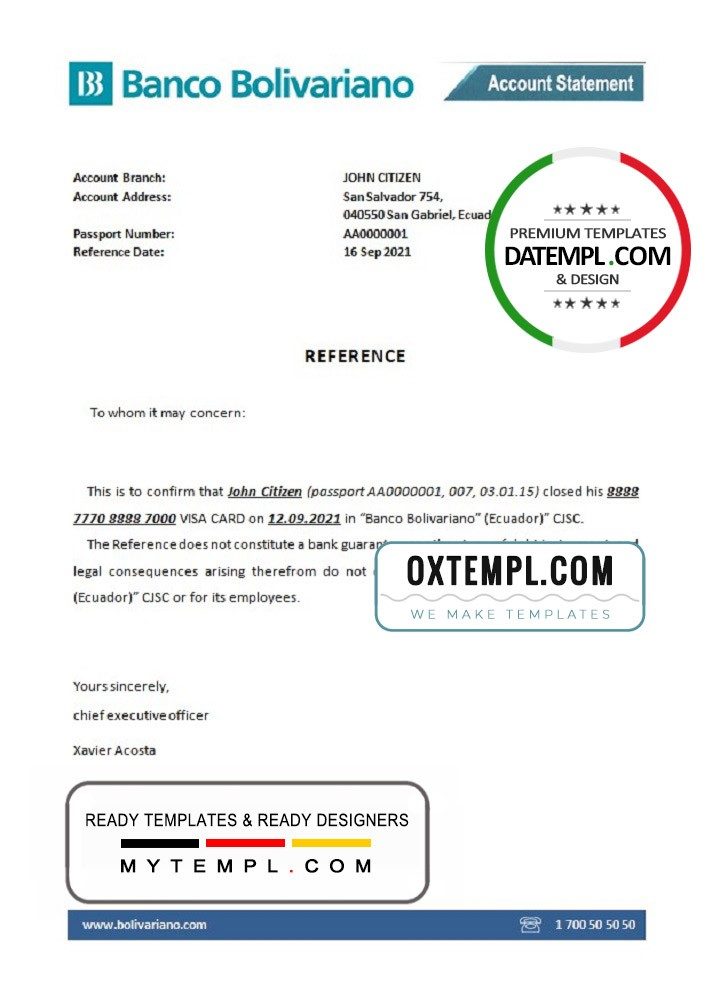 Ecuadorian Banco Bolivariano bank account closure reference letter example in Word and PDF format