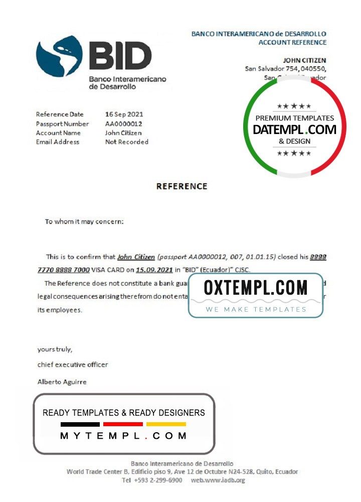 Ecuadorian Banco Interamericano de Desarrollo (BID) bank account closure reference letter example in Word and PDF format