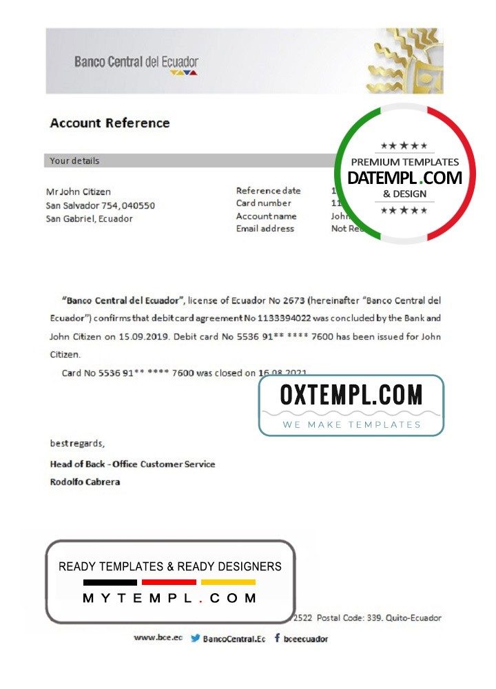 Ecuadorian Central Bank of Ecuadorian bank account closure reference letter example in Word and PDF format