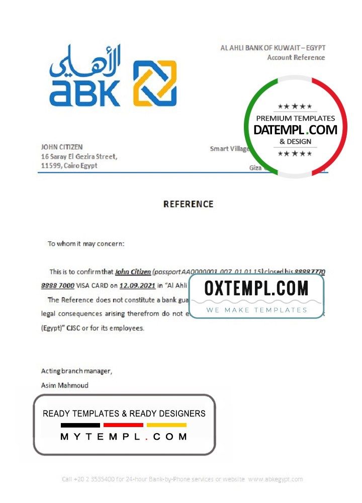 Egyptian Al Ahli Bank of Kuwaiti bank account closure reference letter example in Word and PDF format