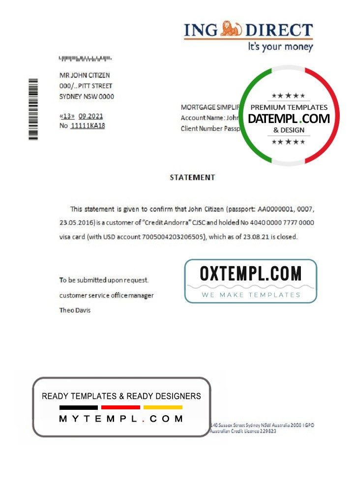 Australian ING Direct bank account closure reference letter example in Word and PDF format