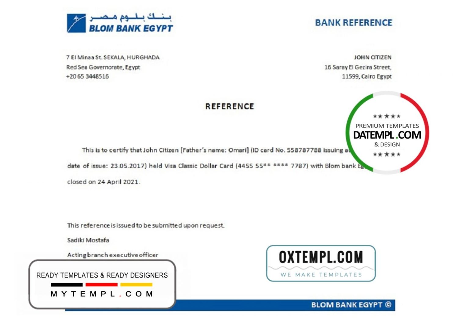 Egyptian Blom Bank of Egyptian bank account closure reference example in Word and PDF format (.doc and .pdf)