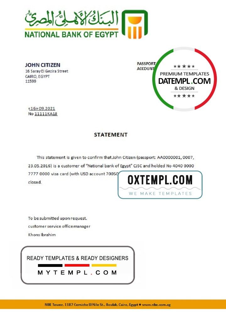 Egyptian National Bank of Egyptian bank account closure reference example in Word and PDF format (.doc and .pdf)