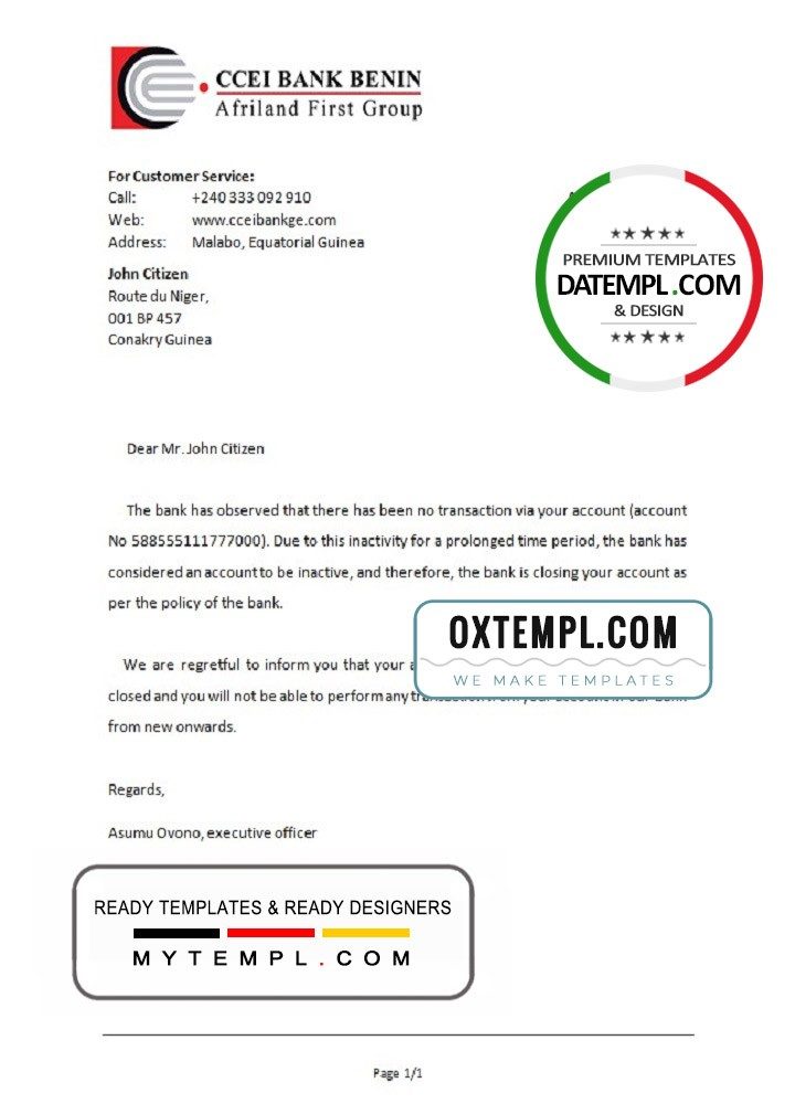 Equatorial Guineann CCEI Bank Beninois bank account closure reference letter example in Word and PDF format