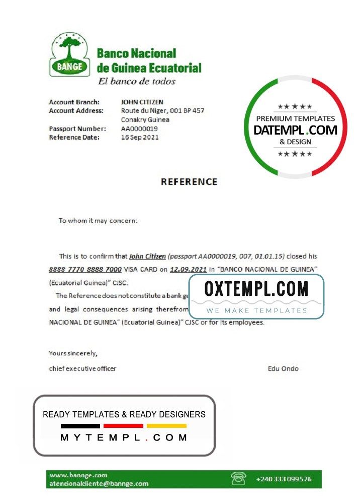 Equatorial Guineann The National Bank bank account closure reference letter example in Word and PDF format