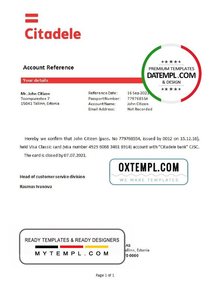 Estonian Citadele banka Eesti filiaal AS example of bank account closure reference letter, Word and PDF format (.doc and .pdf)