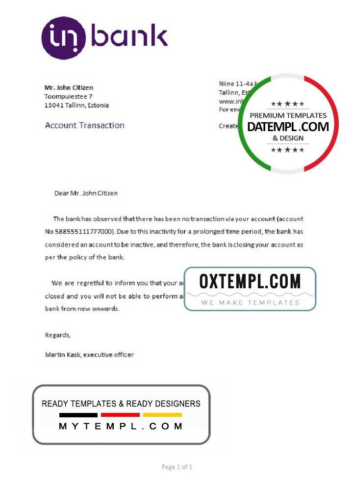 Estonian Inbank bank account closure reference letter example in Word and PDF format