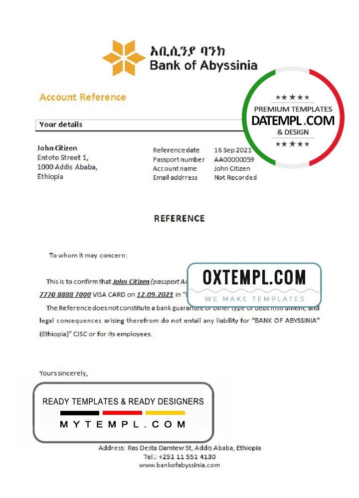 Ethiopian Bank of Abyssinia bank account closure reference letter, Word and PDF format (.doc and .pdf)