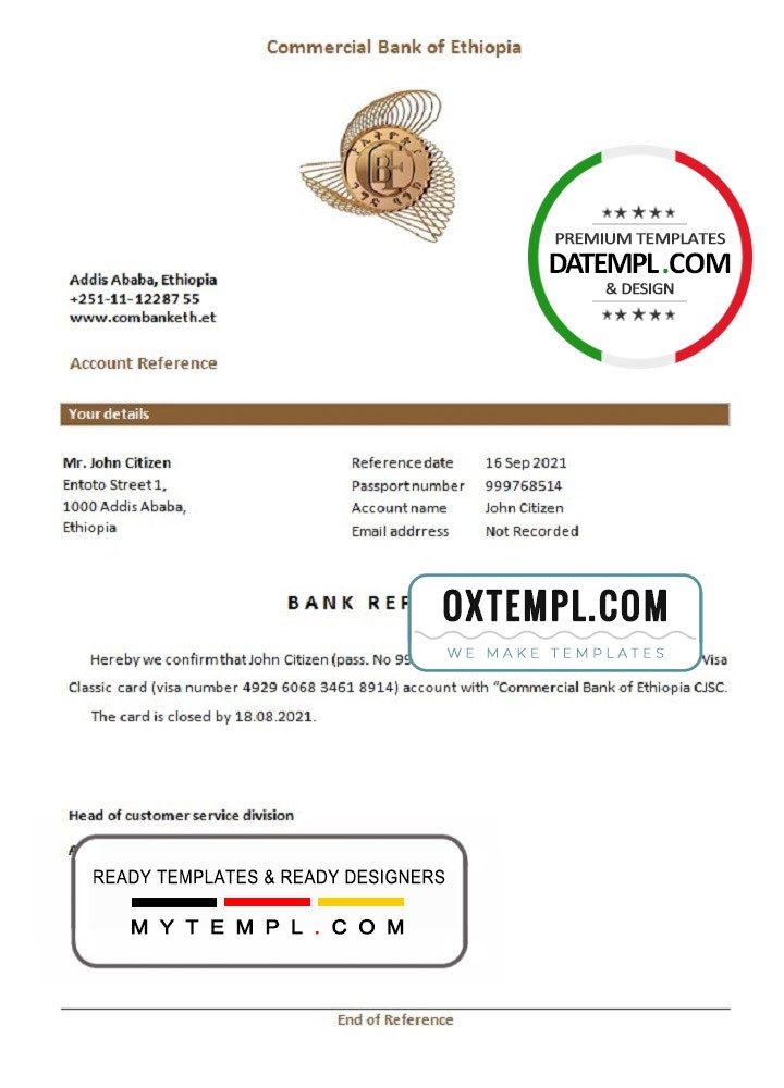 Ethiopian Commercial Bank bank account closure reference letter, Word and PDF format (.doc and .pdf)