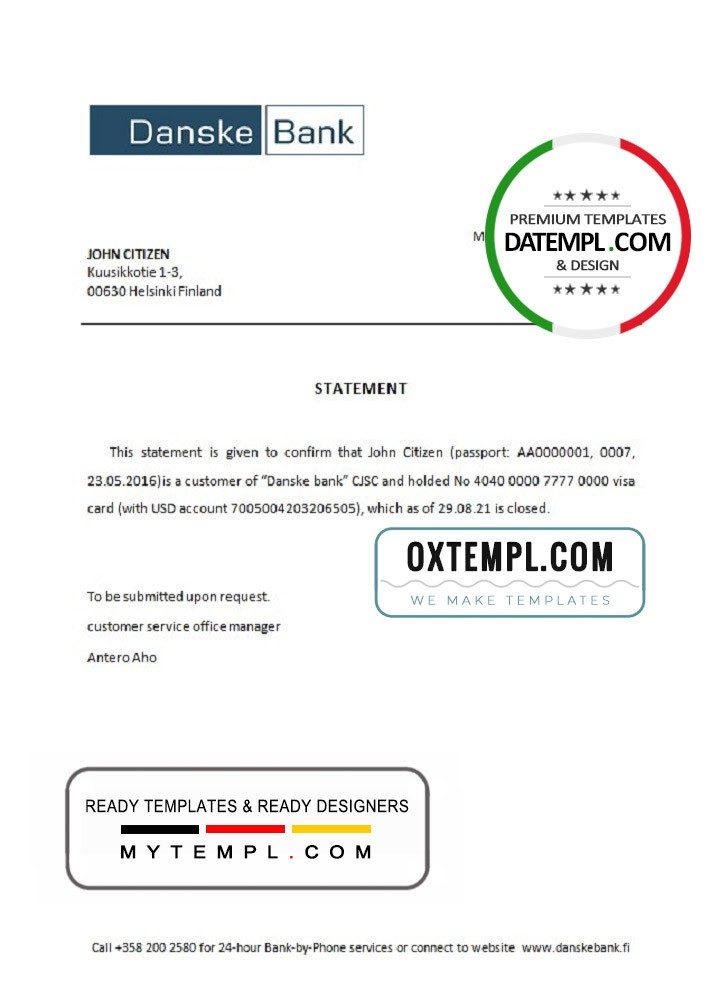 Finnish Danske bank account closure reference letter example in Word and PDF format