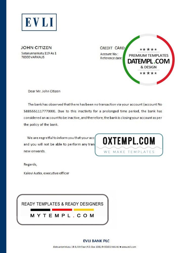 Finnish Evli bank account closure reference letter example in Word and PDF format