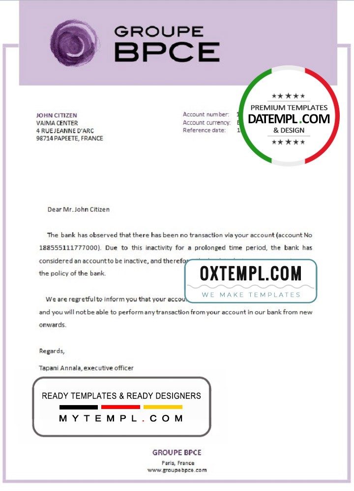 French Groupe BPCE bank account closure reference letter example in Word and PDF format