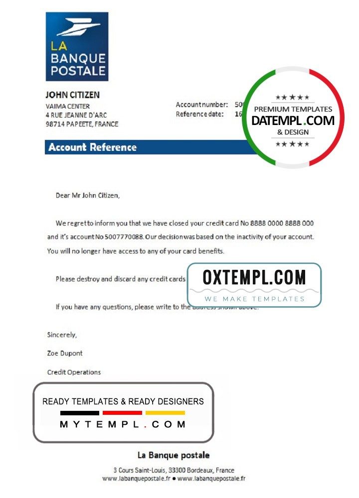 French La Banque Postale bank account closure reference letter example in Word and PDF format