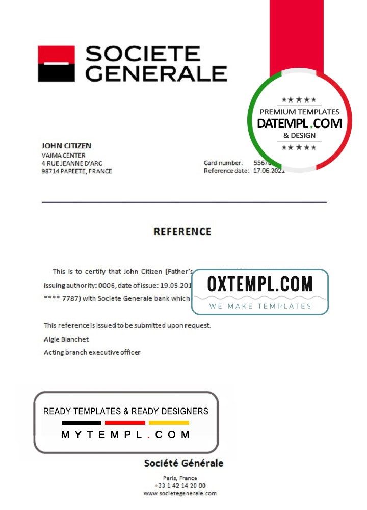 French Société Générale bank account closure reference letter example in Word and PDF format