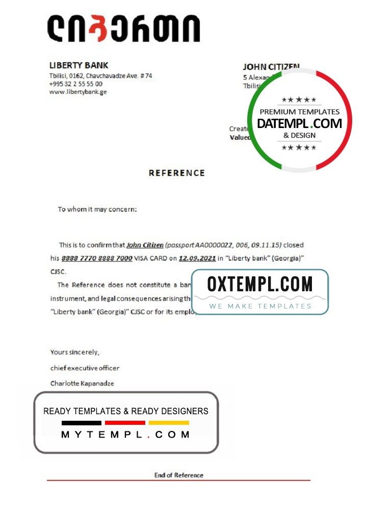 Georgian Liberty bank account closure reference letter example in Word and PDF format
