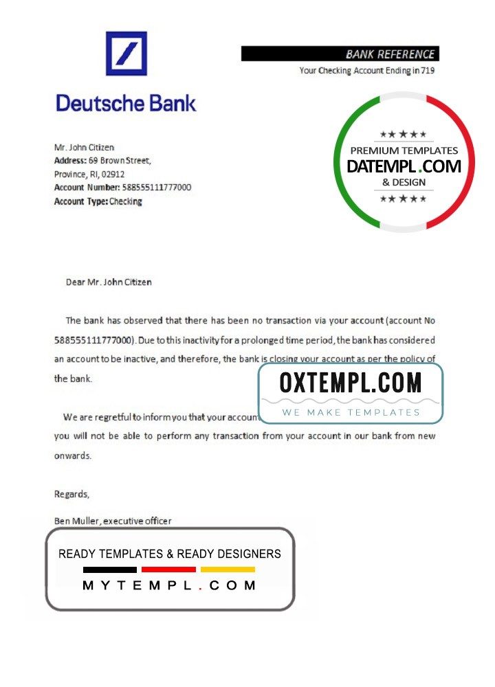 German Deutsche bank account closure reference letter example in Word and PDF format