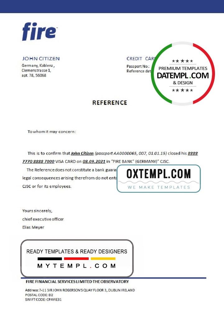 German Fire bank account closure reference letter example in Word and PDF format